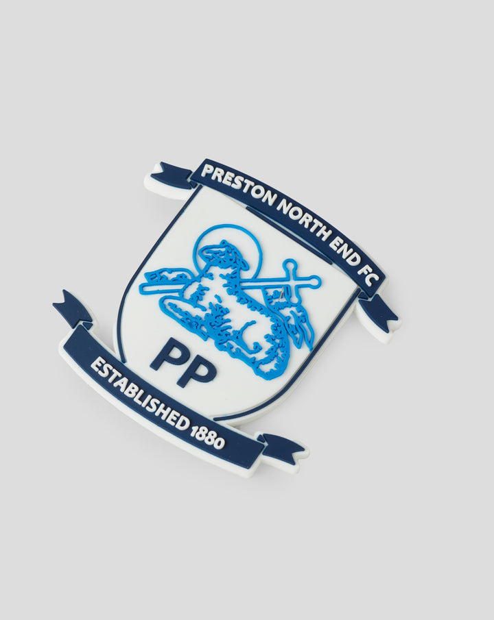 Close up of a Preston North End crest magnet featuring the shield and Established 1880 banner.