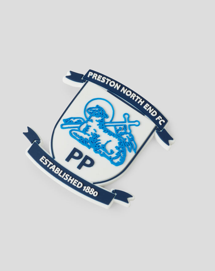 Close up of a Preston North End crest magnet featuring the shield and Established 1880 banner.