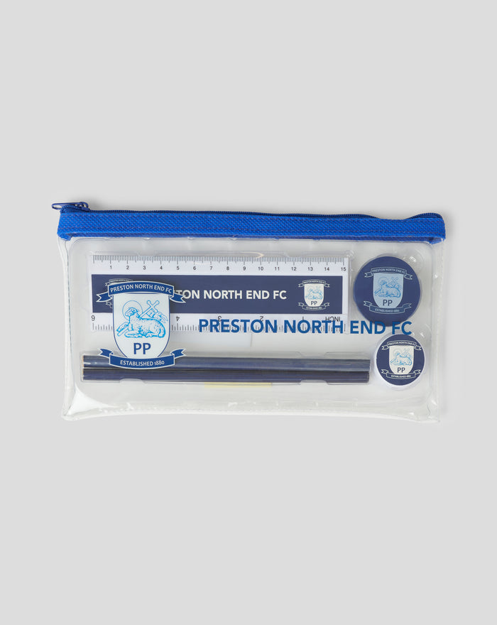Clear stationery case with blue zipper and Preston North End FC branding