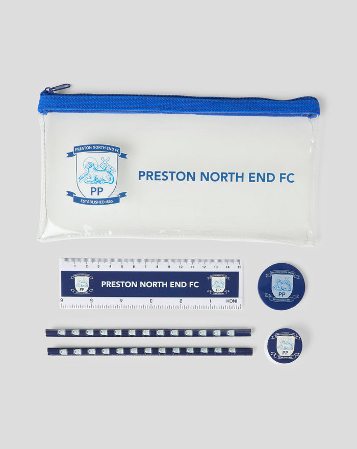 White stationery pouch with blue zipper featuring the Preston North End FC crest and text