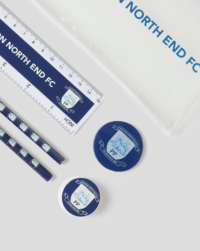 Diagonal view of Preston North End FC stationery with ruler pencils and circular badges