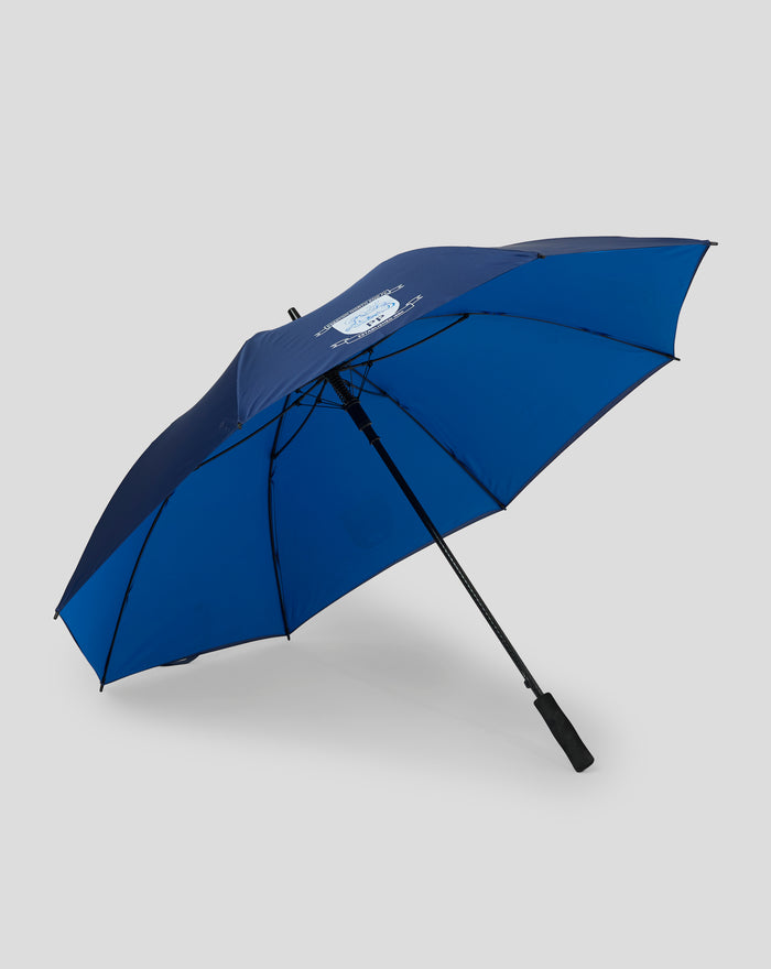 Opened blue Preston North End FC golf umbrella with crest on the canopy