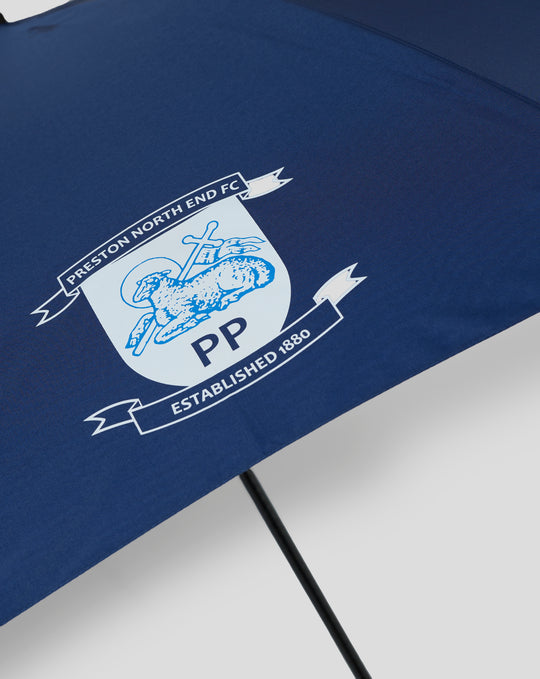 Close-up of blue Preston North End FC umbrella fabric showing the crest