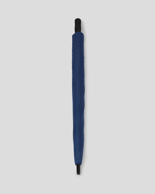 Folded blue Preston North End golf umbrella with black handle shown upright