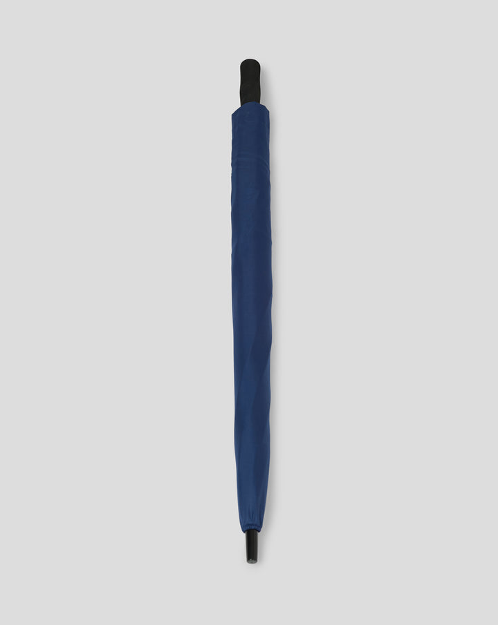 Folded blue Preston North End golf umbrella with black handle shown upright