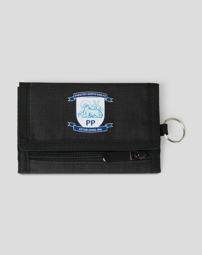 Black Preston North End wallet with crest patch and zipper pocket
