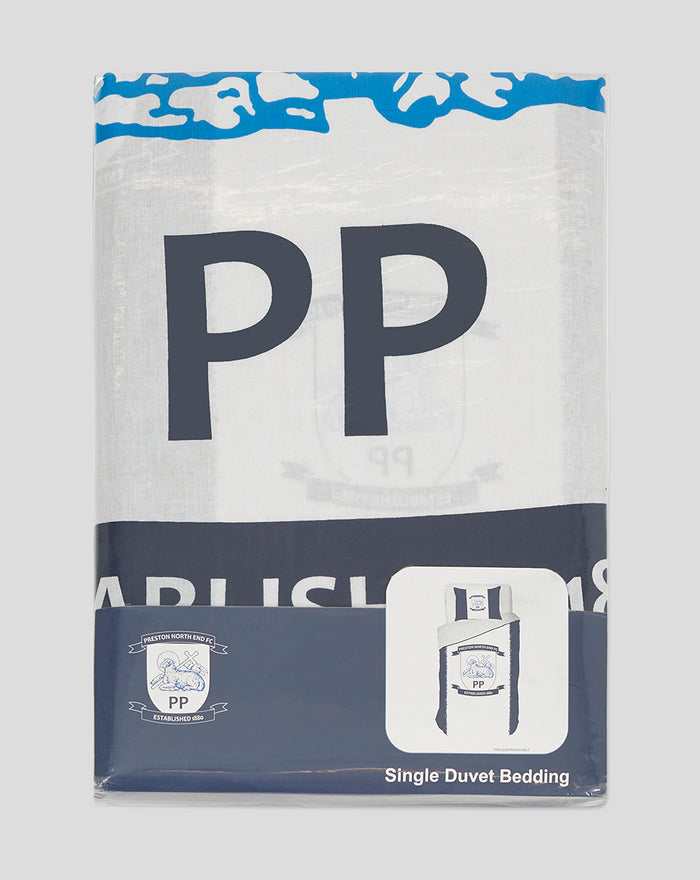 Single duvet bedding folded in a blue and white package with a club crest and PP initials