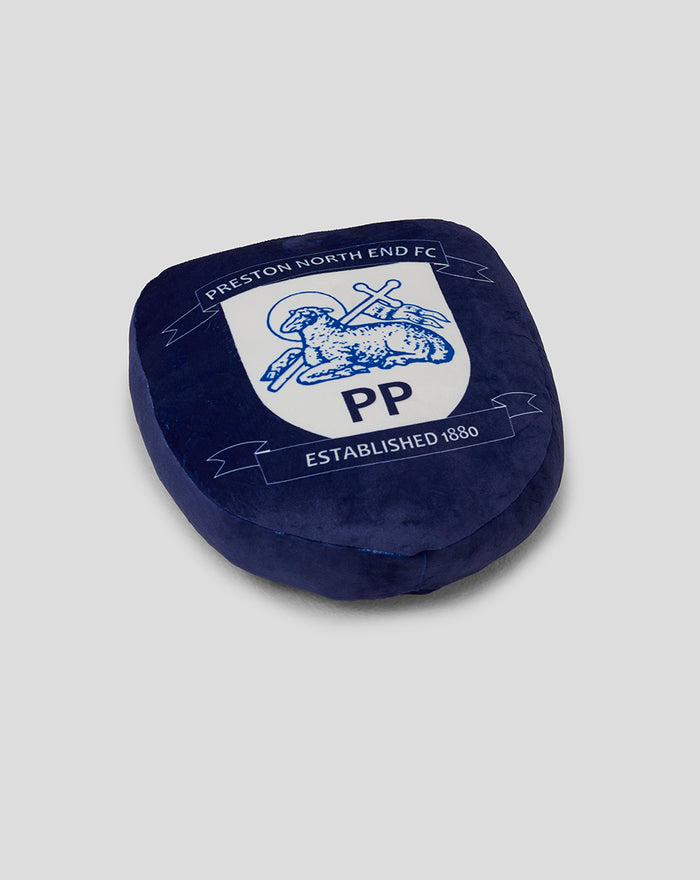 Blue plush cushion shown from a different angle with the Preston North End FC crest