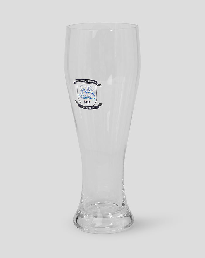 Tall pilsner glass featuring the Preston North End FC crest.