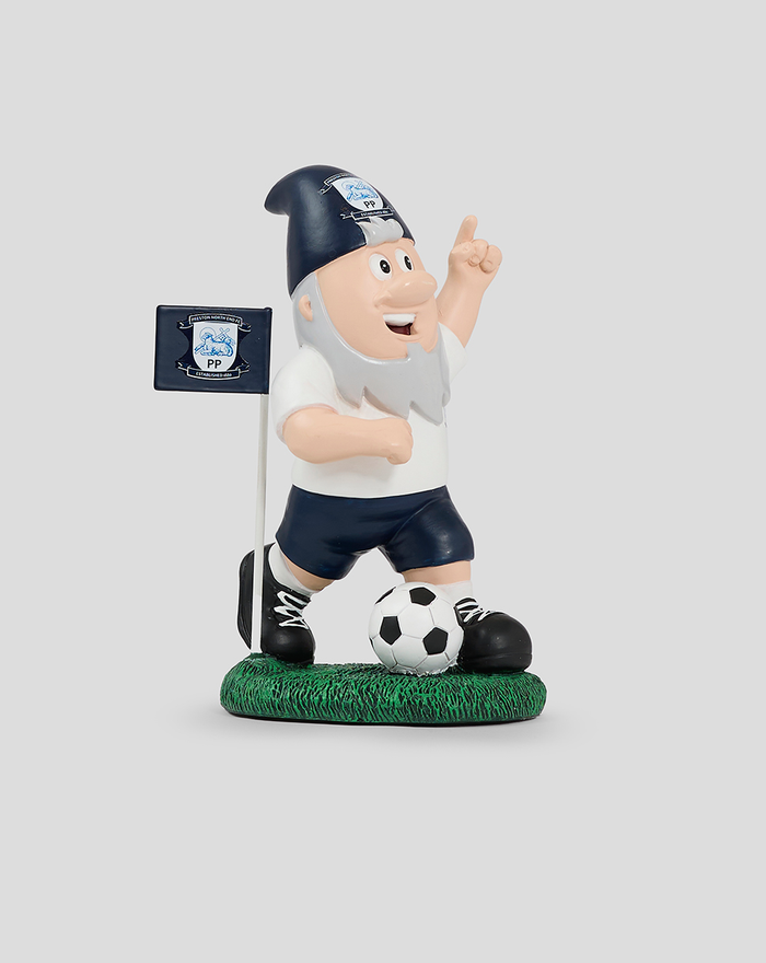Corner Kick Gnome figurine in soccer kit raising a finger beside a soccer ball on a grassy base