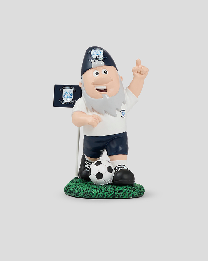Corner Kick Gnome figurine in white shirt and cap, standing with a soccer ball at its feet on a grassy base