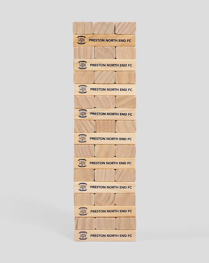 Stack of plain natural wood tumble blocks printed with Preston North End FC.