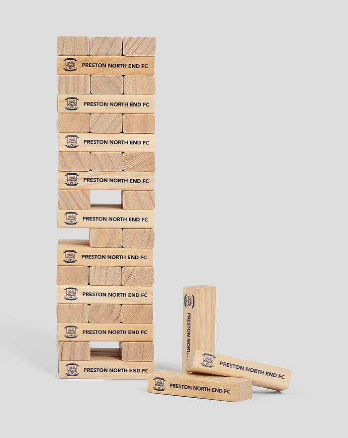 Tall stack of natural wood blocks branded with Preston North End FC logo.