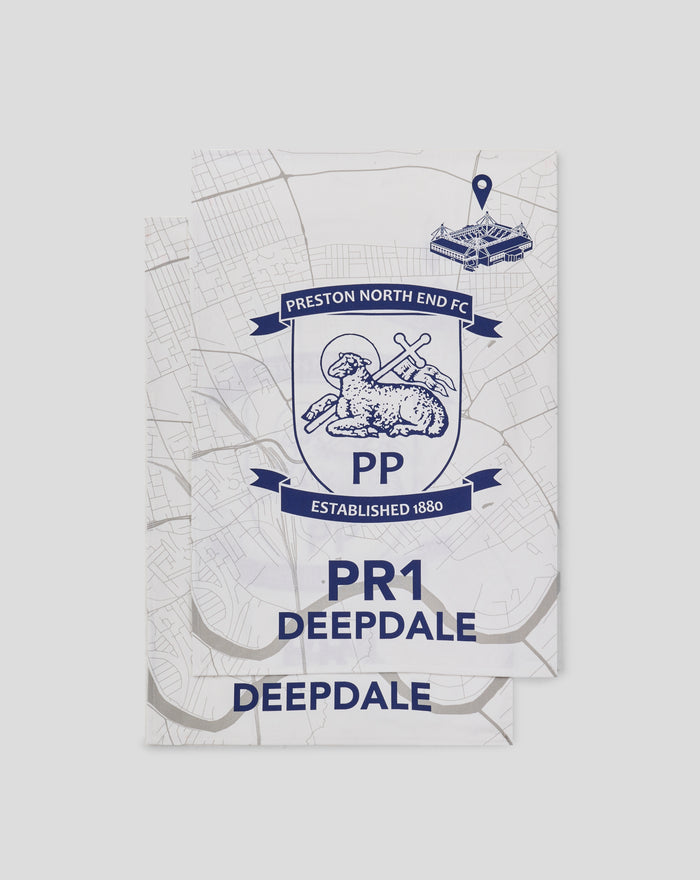 Two Preston North End tea towels in white packaging with a map design and crest