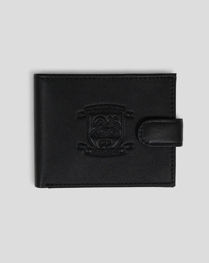 Black leather debossed bi fold wallet with crest emblem