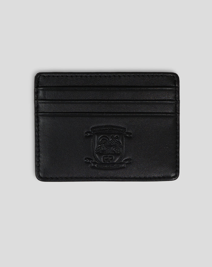 Black leather card wallet with embossed Preston North End crest and visible stitching