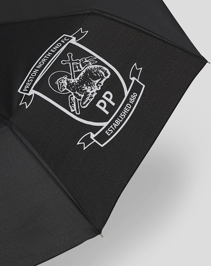 Black telescopic umbrella canopy with a white Preston North End FC crest