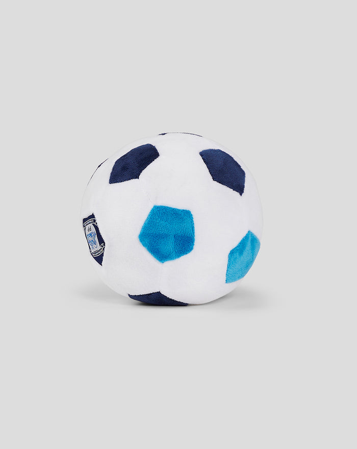 Close up view of white plush football with navy and blue patches showing club crest.