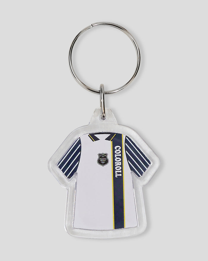 Retro shirt shaped keyring featuring a Preston North End kit with navy stripes.