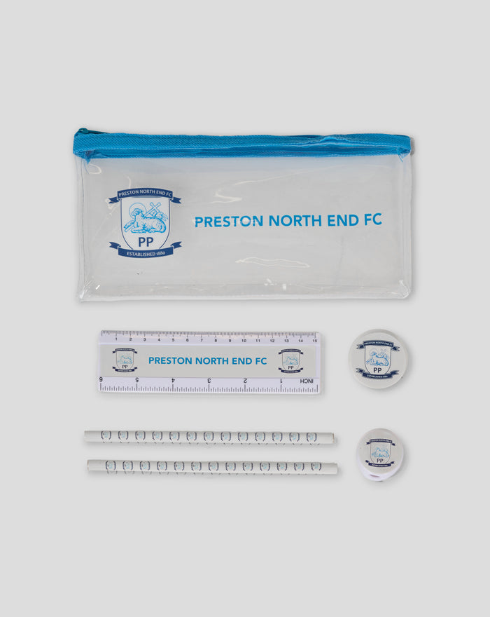 Small Preston North End FC stationery set in a clear zip pouch with a blue zipper and club crest on the front