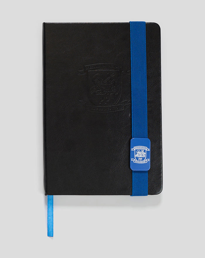 PNE A5 leather textured notepad with blue elastic strap and embossed crest and blue bookmark