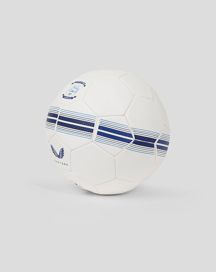 Side view of white Preston North End size 5 Technic football with blue stripes