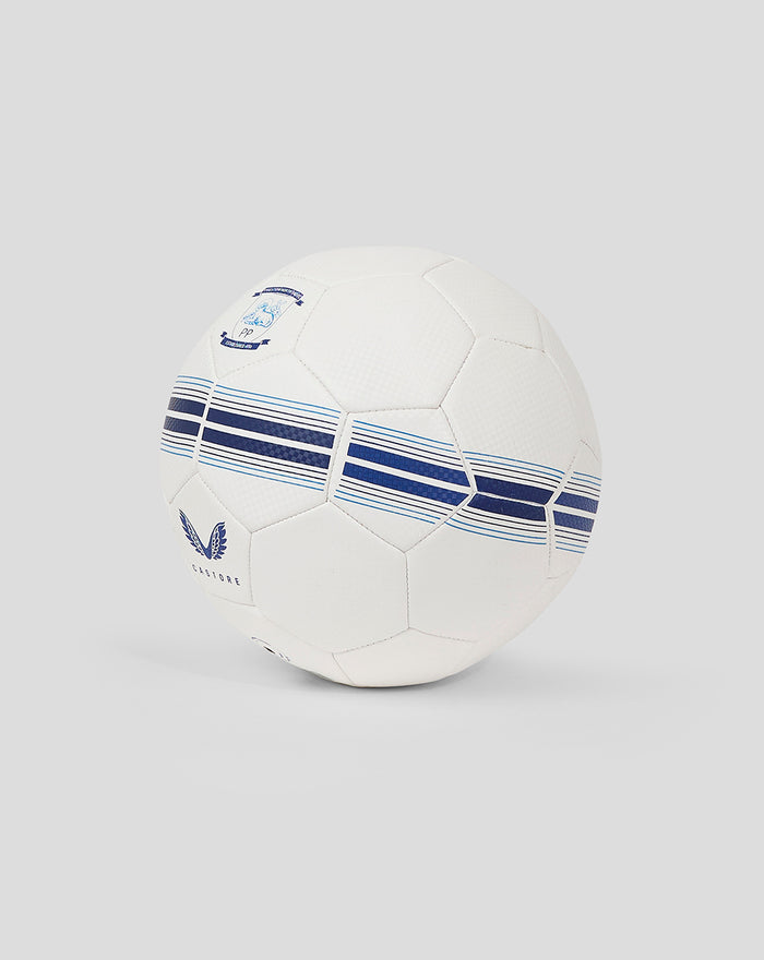 Side view of white Preston North End size 5 Technic football with blue stripes