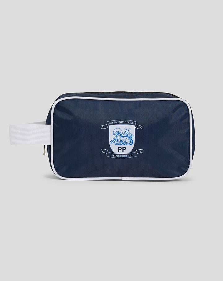 Navy wash bag with white piping and the Preston North End crest.