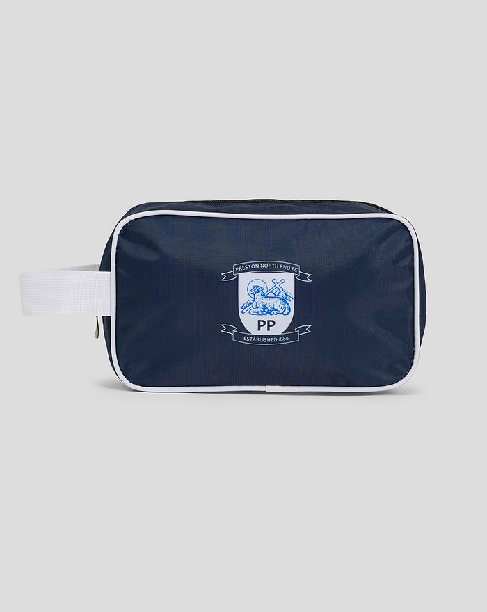 Navy wash bag with white piping and the Preston North End crest.