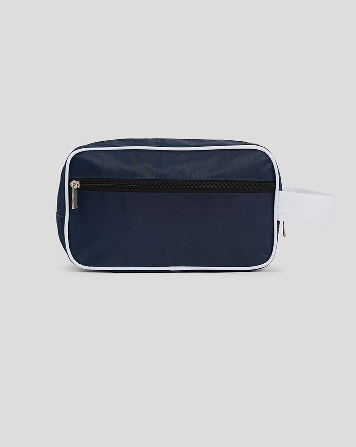Navy Preston North End washbag with white piping and front zip pocket.