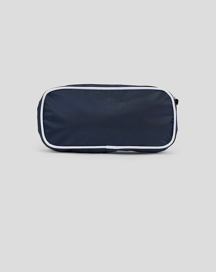 Navy pencil case laid flat with plain fabric and white piping