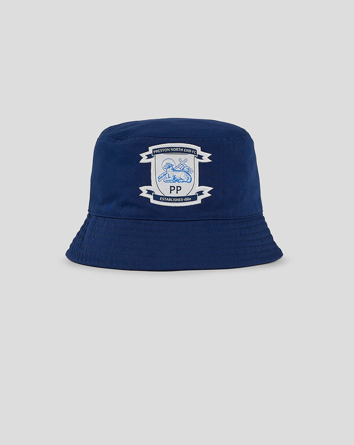 Navy blue Preston bucket hat with club crest patch on the front.