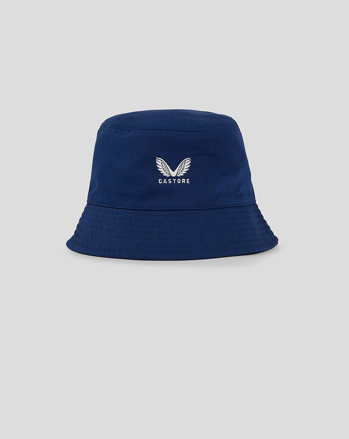 Navy blue bucket hat with white Castore logo on the front.