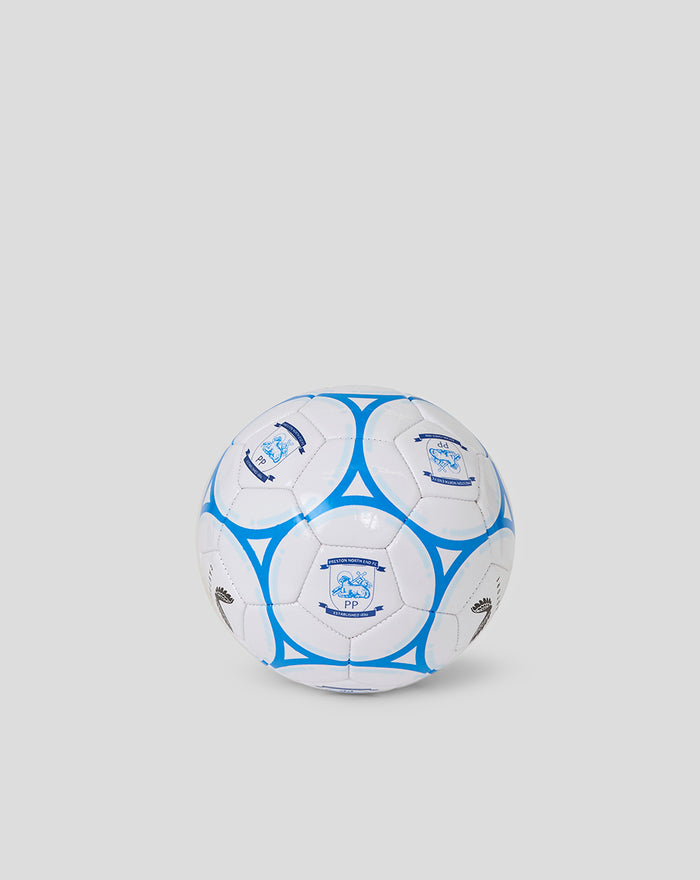 Mini Size 1 football with white panels and blue geometric pattern and crest logos on a light gray background.