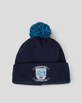 Navy junior knit bobble hat with bright blue pom-pom and Preston North End crest embroidery