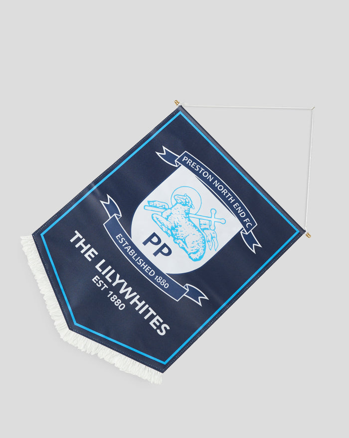 Close up of a Preston North End pennant hung by a cord with crest visible and blue border