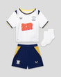 Front view of PNE baby 26/27 home kit three piece set white shirt navy shorts and white socks with yellow accents.