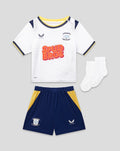 Front view of PNE baby 26/27 home kit three piece set white shirt navy shorts and white socks with yellow accents.