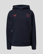 Front view of navy travel fleece hoodie with coral Castore logo on left chest and club crest on the right