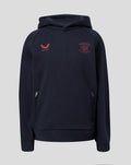 Front view of navy travel fleece hoodie with coral Castore logo on left chest and club crest on the right