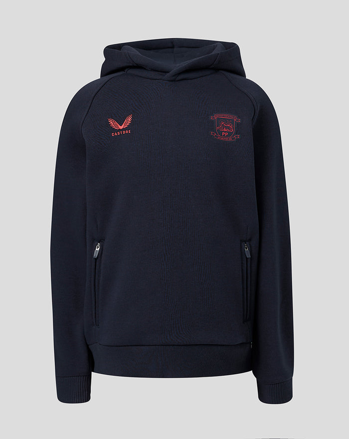Front view of navy travel fleece hoodie with coral Castore logo on left chest and club crest on the right