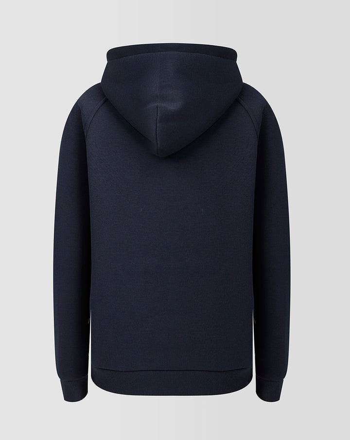 Back view of navy travel fleece hoodie with hood up