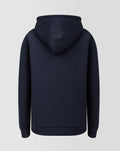 Back view of navy travel fleece hoodie with hood up