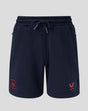 Navy travel fleece shorts with coral club crest on the left leg and Castore wing logo on the right leg.