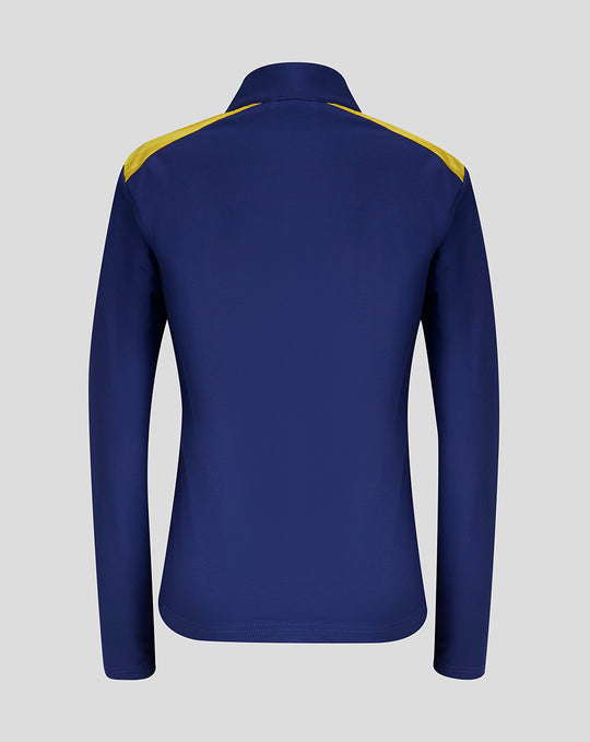 Back view of navy Walkout Jacket with yellow shoulder panels and tailored fit