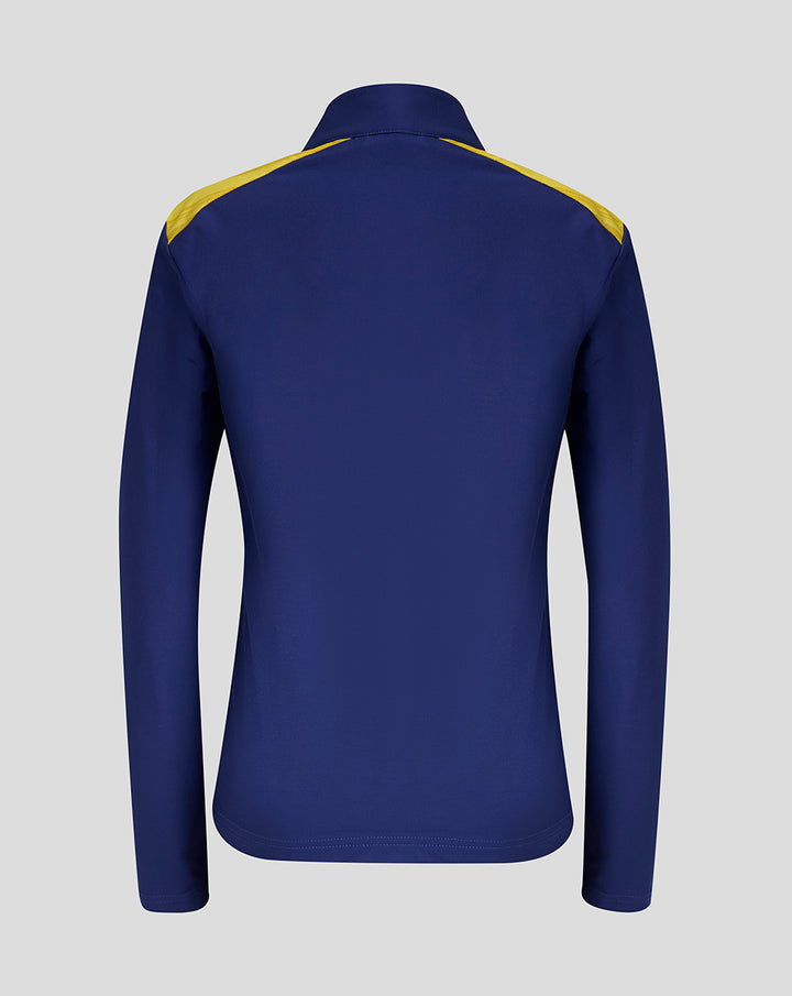 Back view of navy Walkout Jacket with yellow shoulder panels and tailored fit