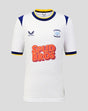 Front view of Preston North End junior 26/27 home shirt white with blue shoulders yellow collar trim and club crest.