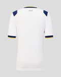 Back view of Preston North End junior 26/27 home shirt white with blue shoulder panels yellow trim and PNE on upper back.