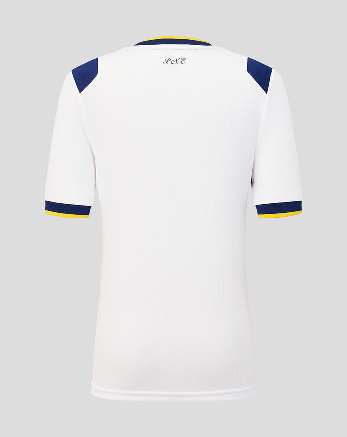 Back view of Preston North End junior 26/27 home shirt white with blue shoulder panels yellow trim and PNE on upper back.