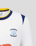Left chest Preston North End crest on white jersey with blue trim on shoulder